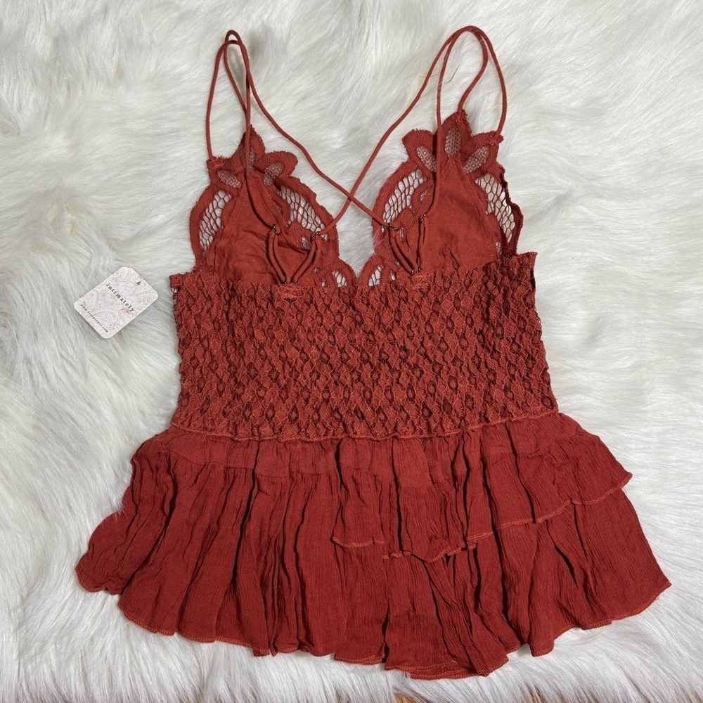 New Free People Adella orange Lace Smocked Blend Ruffle Layered Cami - Picture 3 of 4